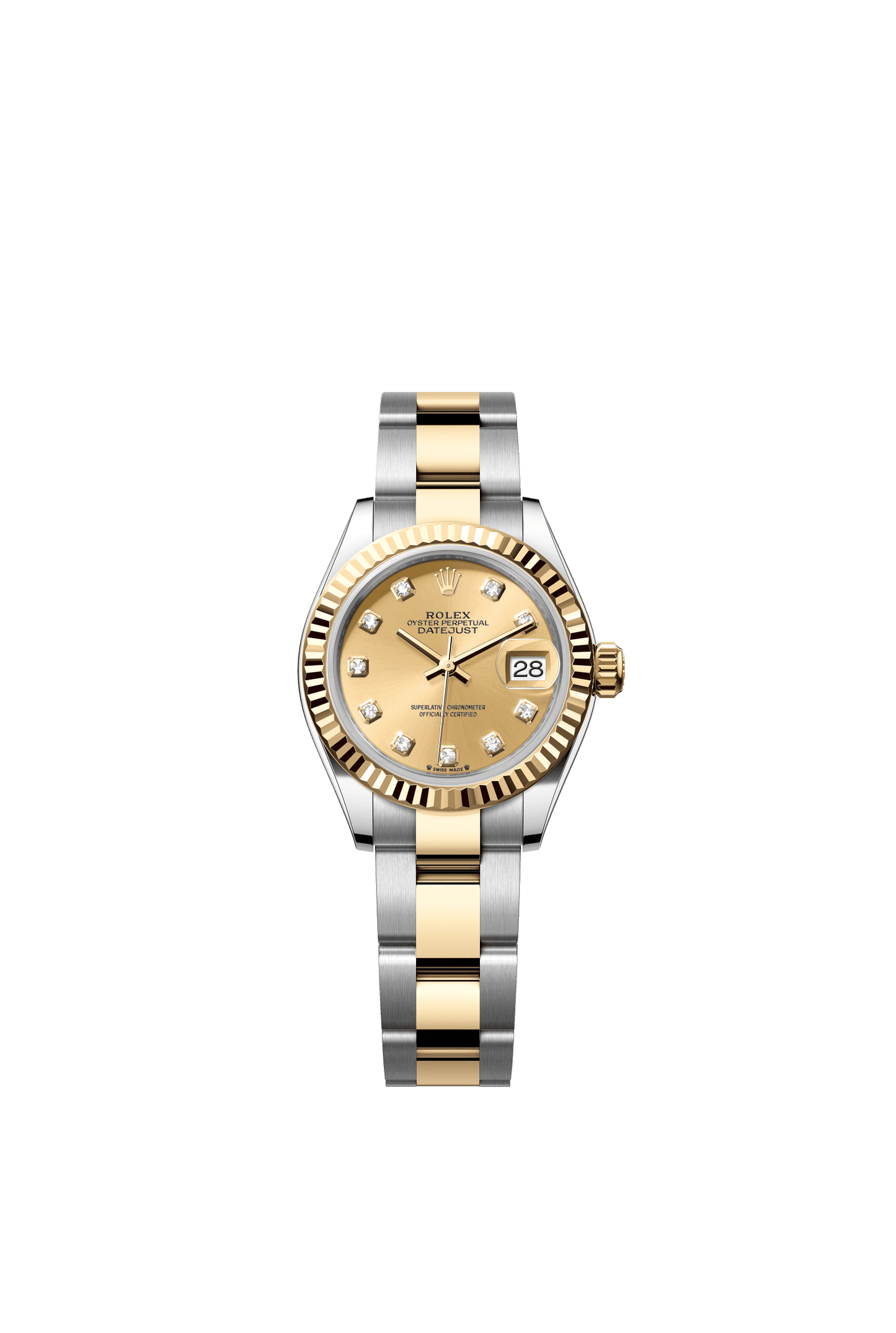 Rolex Lady-Datejust 28 mm Champagne-Colour Set With Diamonds Dial 18 kt Yellow Gold Oyster Bracelet m279173-0012