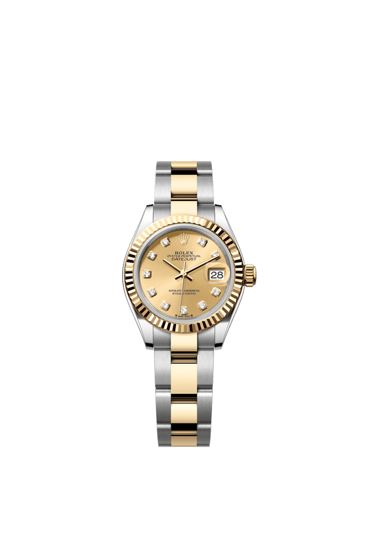 Rolex Lady-Datejust 28 mm Champagne-Colour Set With Diamonds Dial 18 kt Yellow Gold Oyster Bracelet m279173-0012