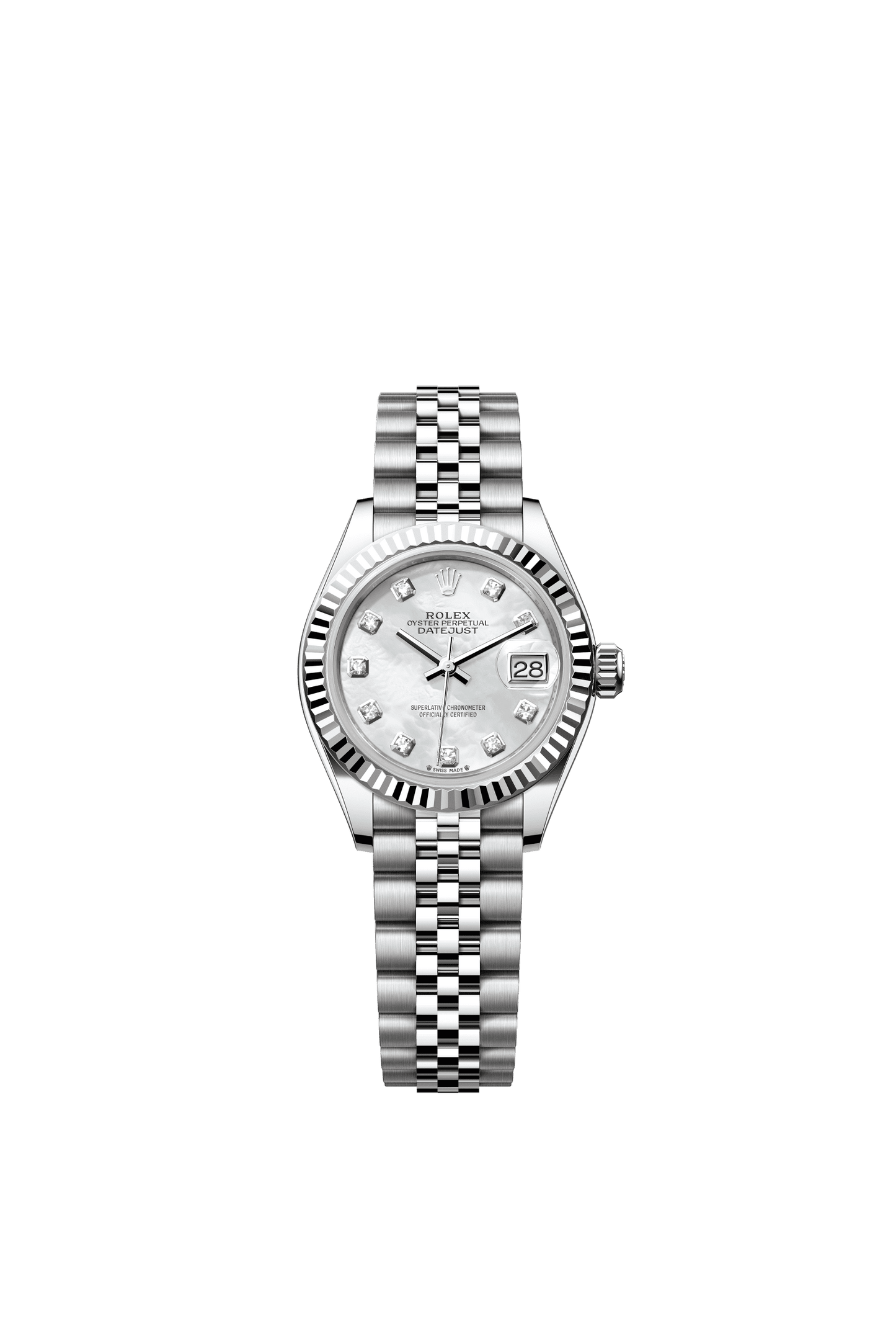 Rolex Lady-Datejust 28 mm White Mother-Of-Pearl Set With Diamonds Dial Oystersteel and White Gold Jubilee Bracelet m279174-0009