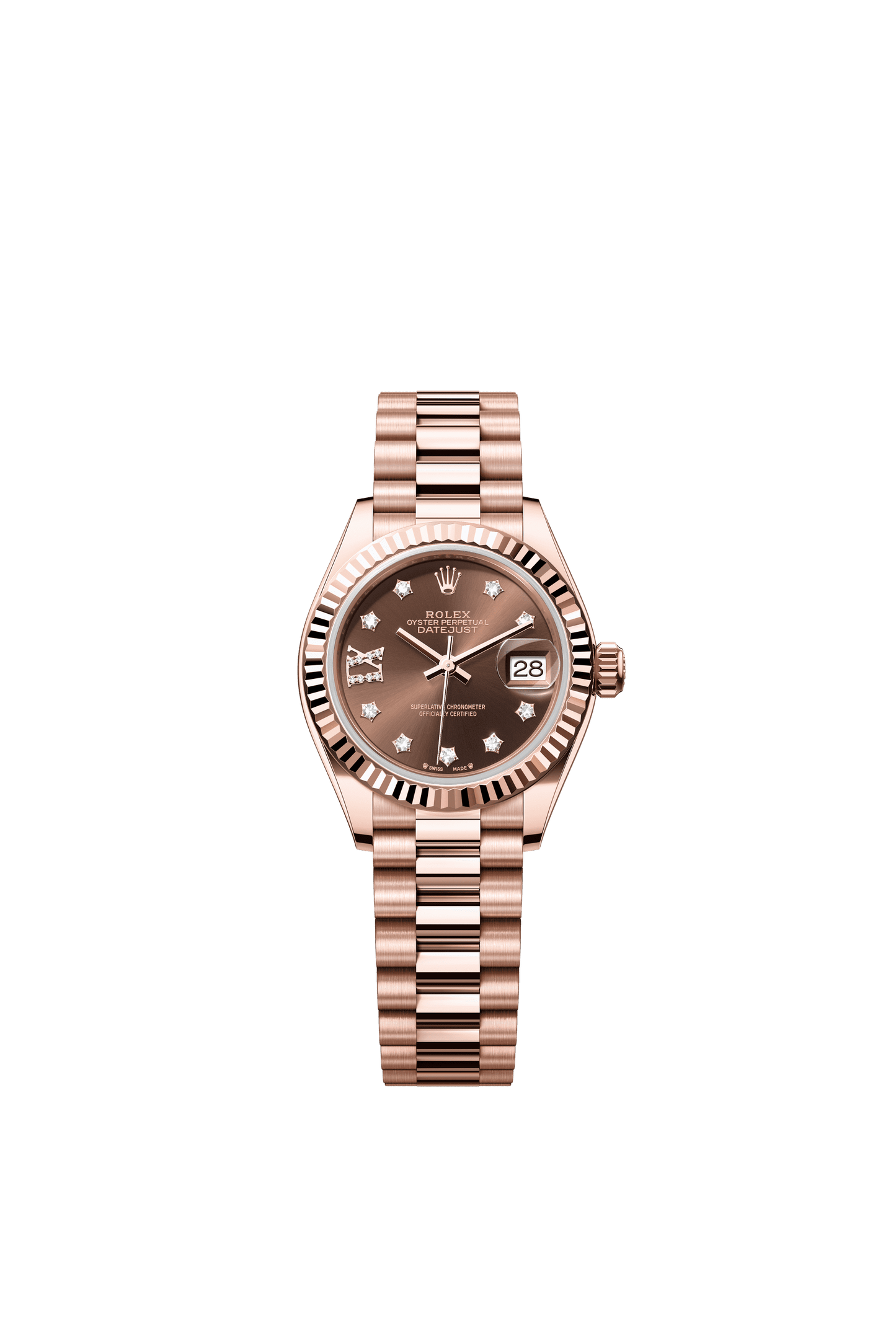 Rolex Oyster 28 mm Chocolate Set With Diamonds Dial 18 kt Everose Gold President, Semi-Circular Three-Piece Links m279175-0002