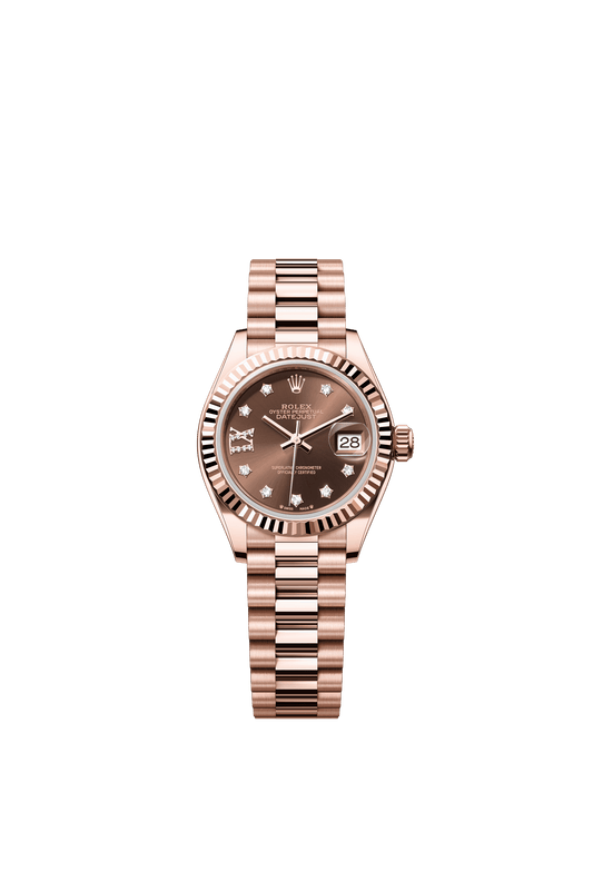 Rolex Oyster 28 mm Chocolate Set With Diamonds Dial 18 kt Everose Gold President, Semi-Circular Three-Piece Links m279175-0002