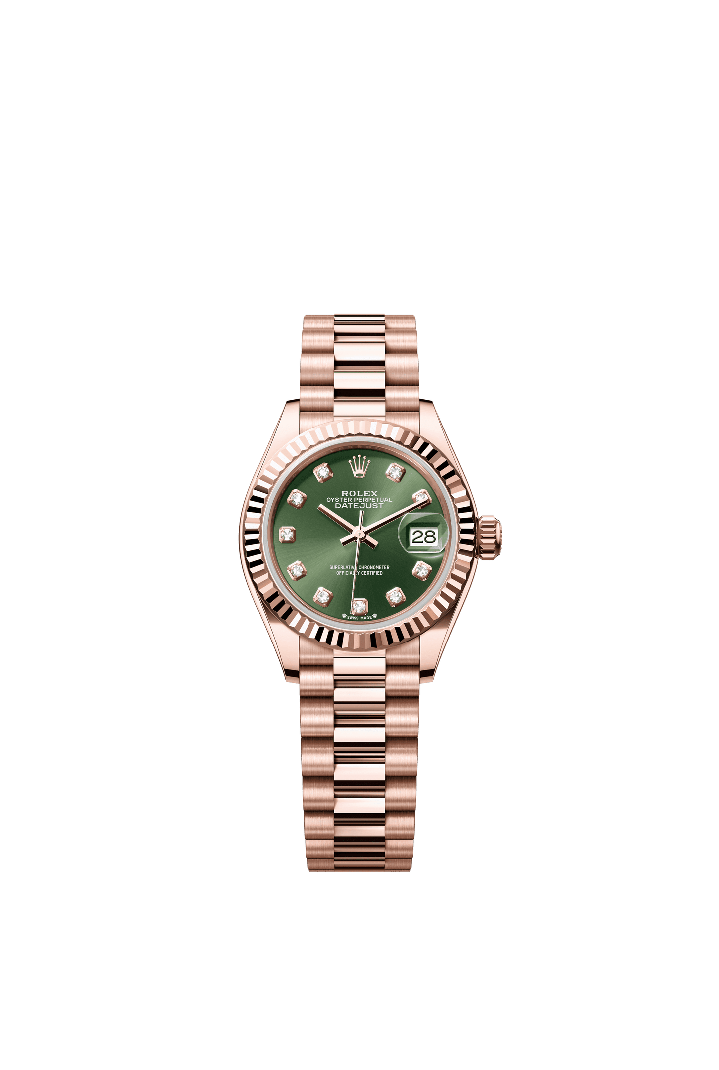 Rolex Oyster 28 mm Olive Green Set With Diamonds Dial 18 kt Everose Gold President, Semi-Circular Three-Piece Links m279175-0009