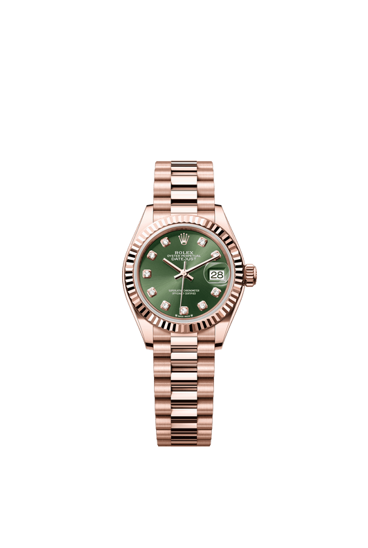 Rolex Oyster 28 mm Olive Green Set With Diamonds Dial 18 kt Everose Gold President, Semi-Circular Three-Piece Links m279175-0009