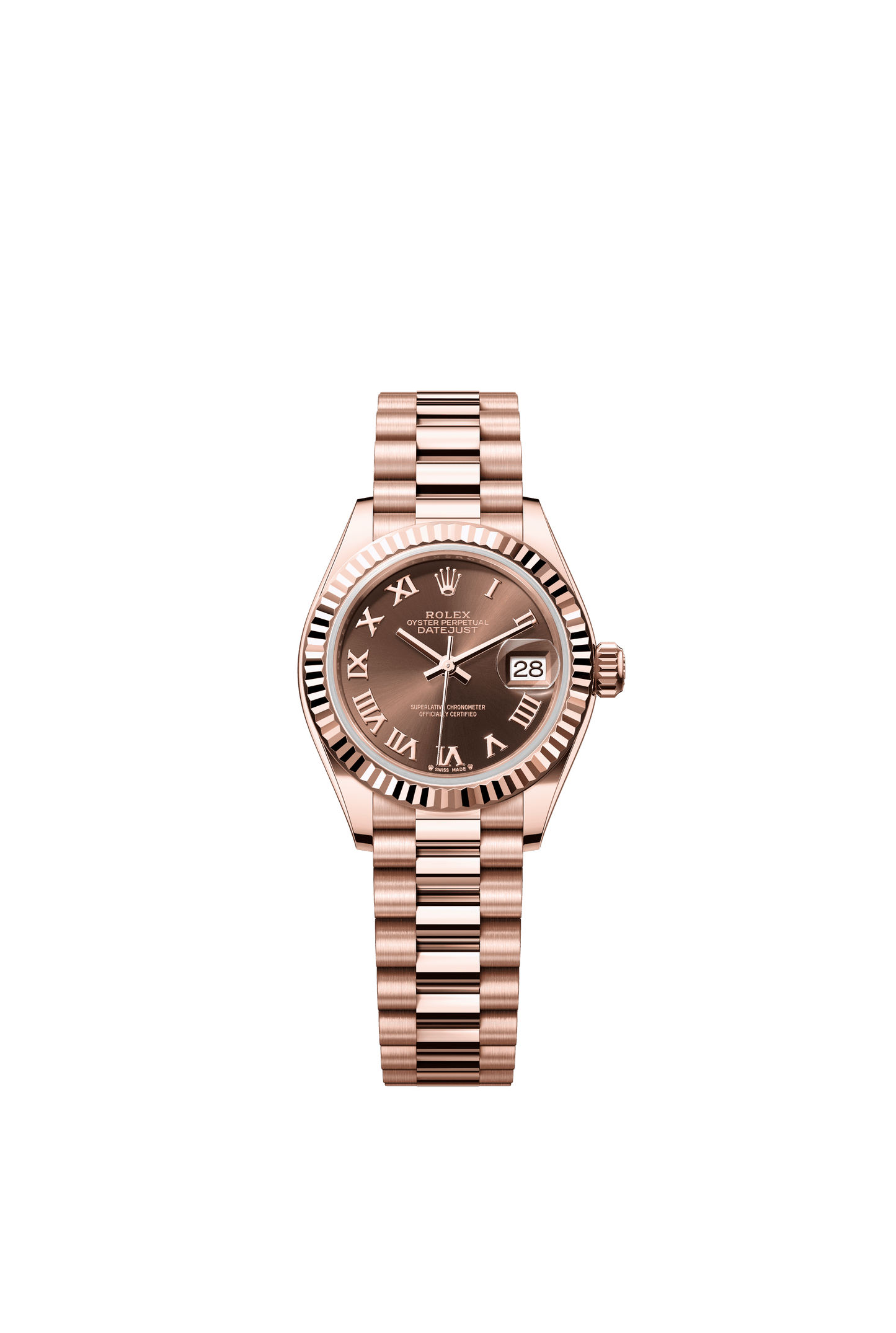 Rolex Oyster 28 mm Chocolate Dial 18 kt Everose Gold President, Semi-Circular Three-Piece Links m279175-0014