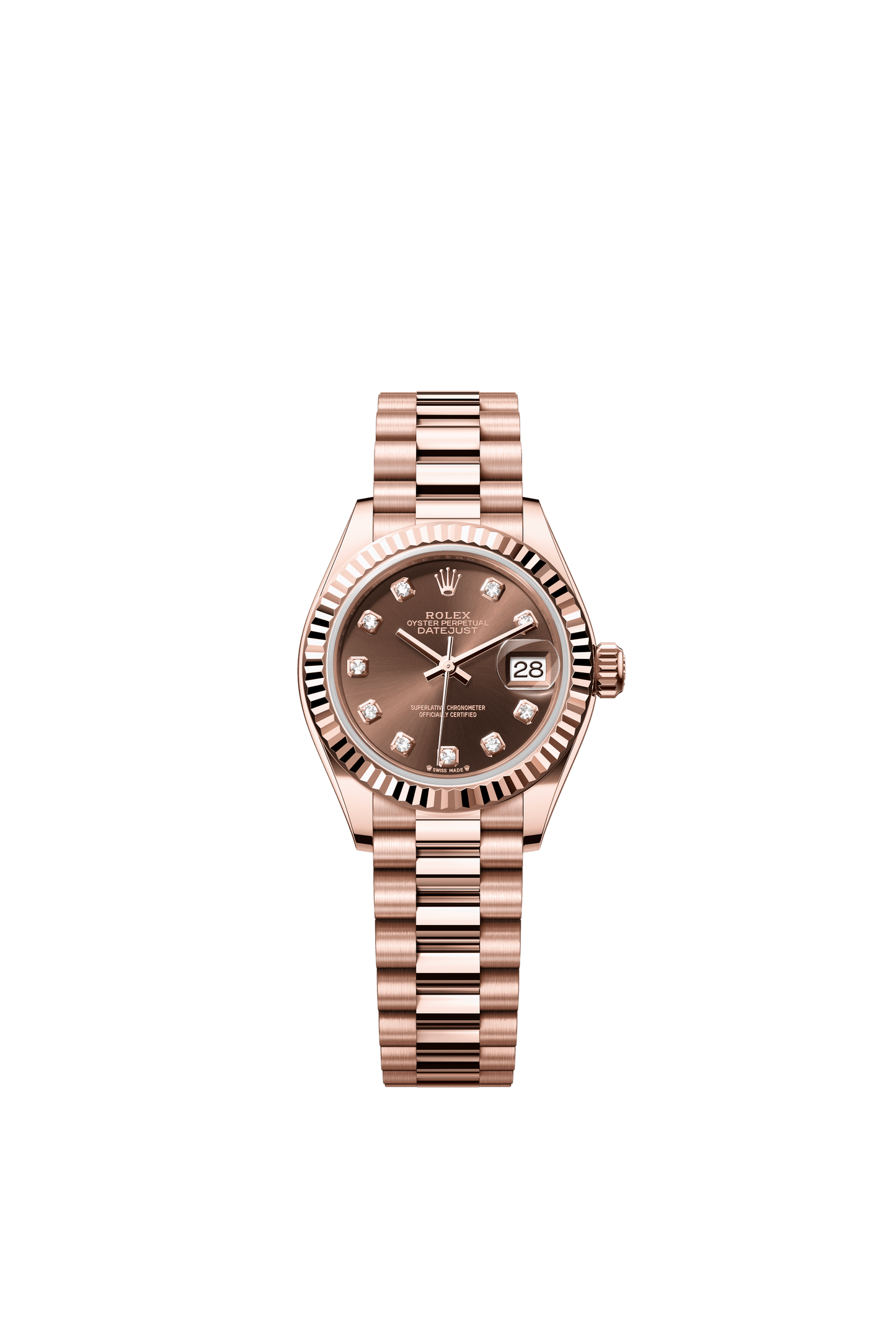 Rolex Oyster 28 mm Chocolate Set With Diamonds Dial 18 kt Everose Gold President, Semi-Circular Three-Piece Links m279175-0016