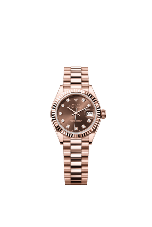 Rolex Oyster 28 mm Chocolate Set With Diamonds Dial 18 kt Everose Gold President, Semi-Circular Three-Piece Links m279175-0016