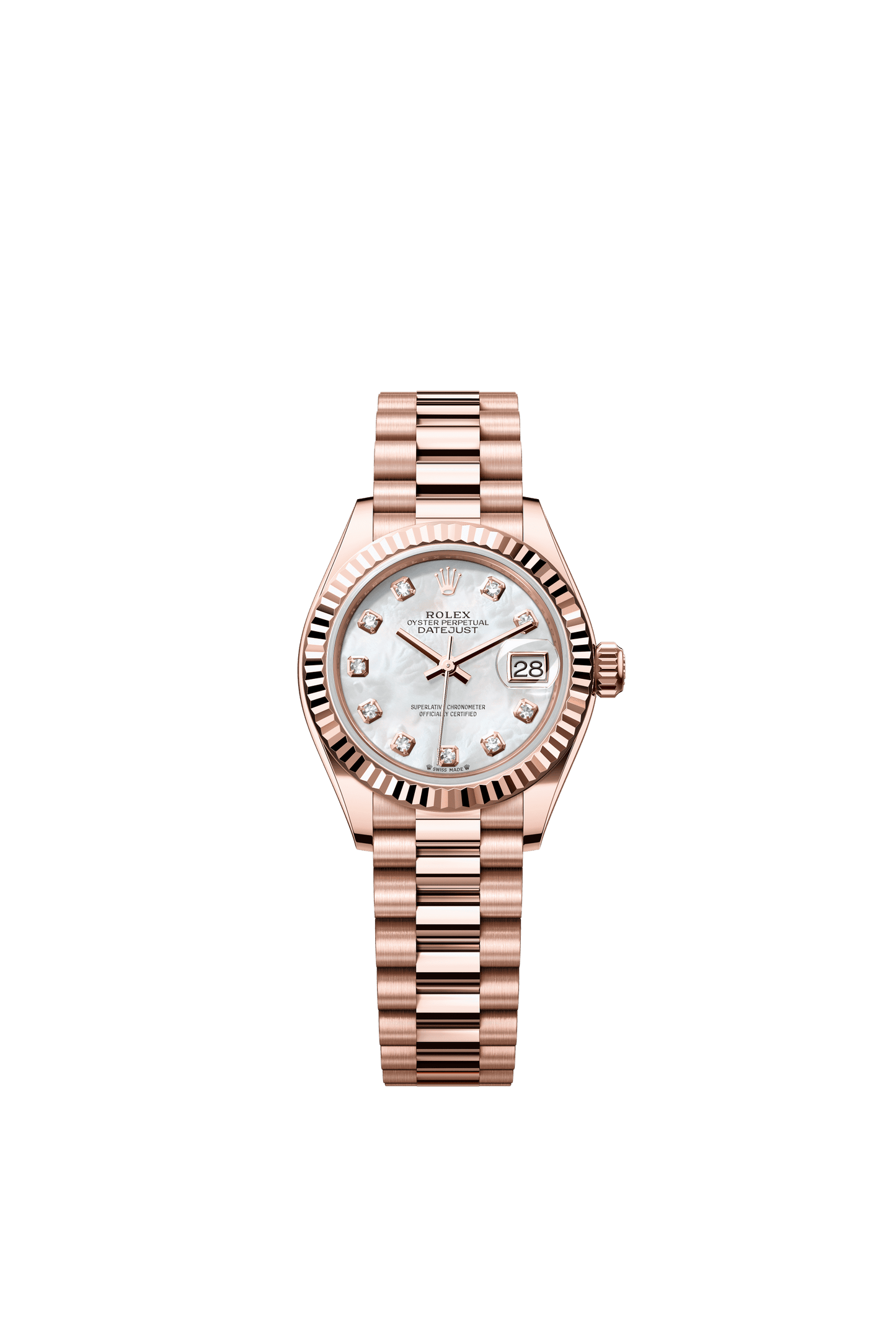 Rolex Oyster 28 mm White Mother-Of-Pearl Set With Diamonds Dial 18 kt Everose Gold President, Semi-Circular Three-Piece Links m279175-0017