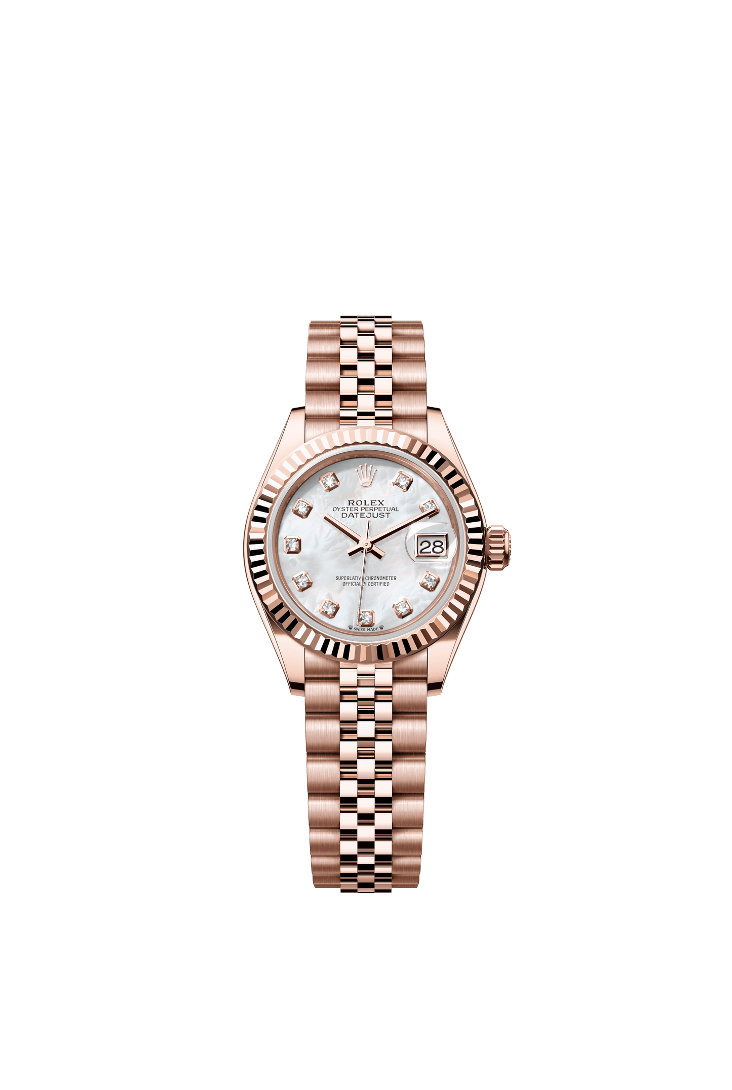 Rolex Oyster 28 mm White Mother-Of-Pearl Set With Diamonds Dial 18 kt Everose Gold Jubilee m279175-0018