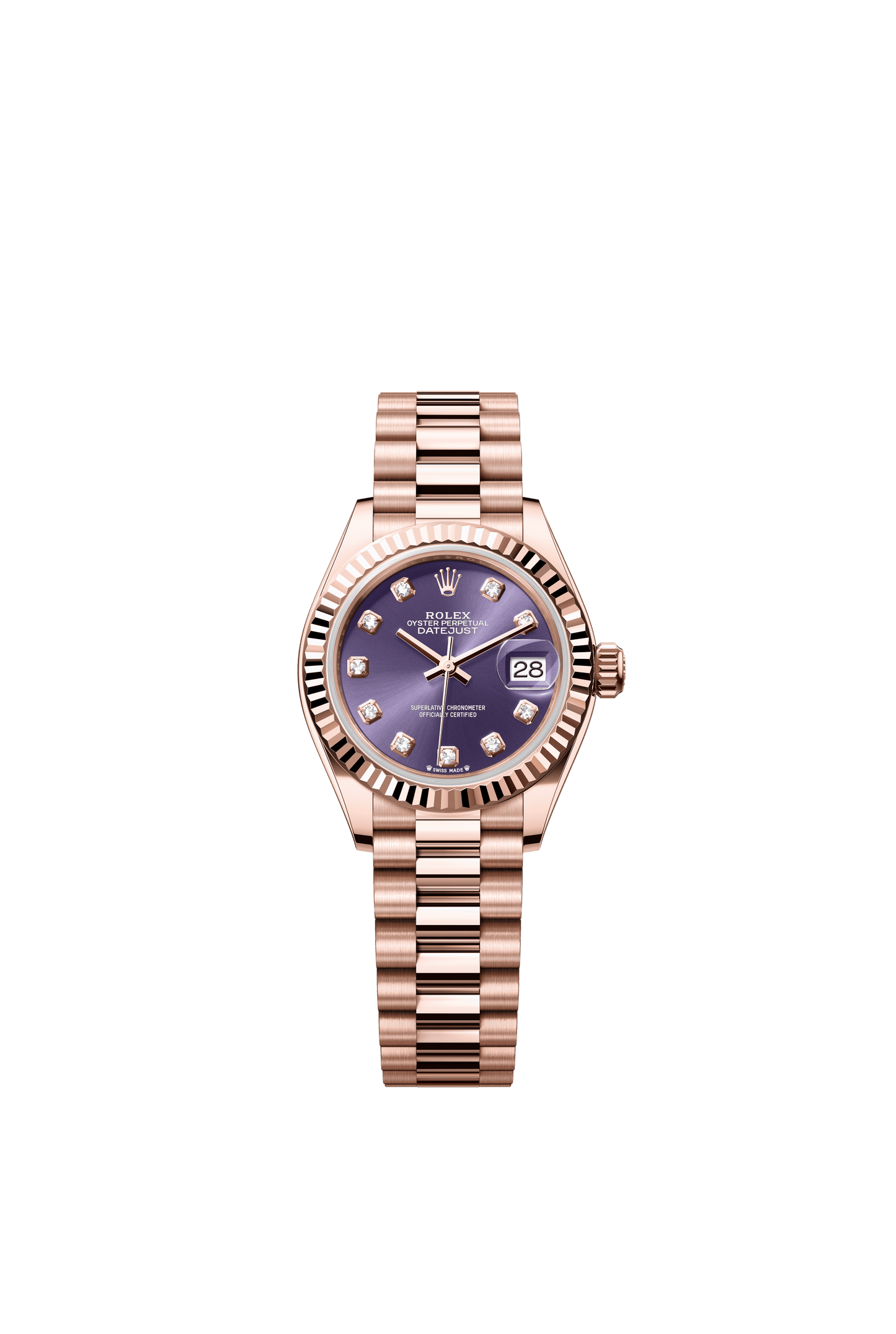 Rolex Oyster 28 mm Aubergine Set With Diamonds Dial 18 kt Everose Gold President, Semi-Circular Three-Piece Links m279175-0019