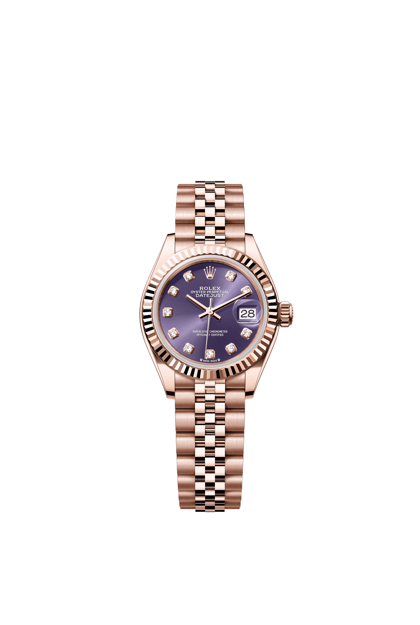 Rolex Oyster 28 mm Aubergine Set With Diamonds Dial 18 kt Everose Gold Jubilee m279175-0020