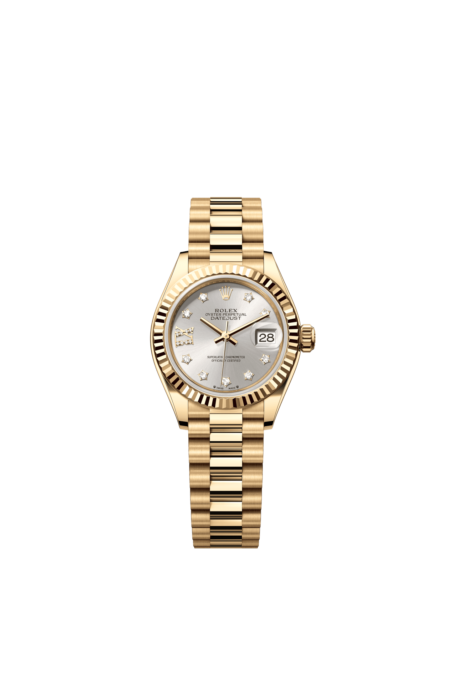 Rolex Oyster 28 mm Silver Set With Diamonds Dial 18k Yellow Gold President Bracelet m279178-0013