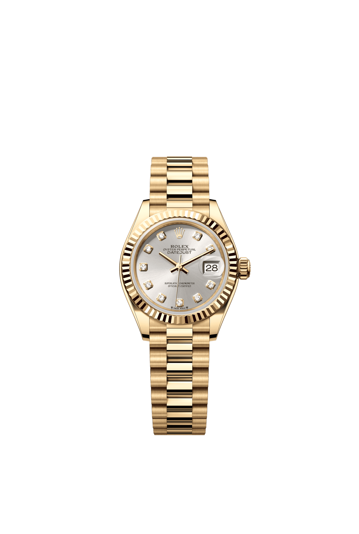 Rolex Oyster 28 mm Silver set with diamonds Dial 18k Yellow Gold President Bracelet m279178-0015