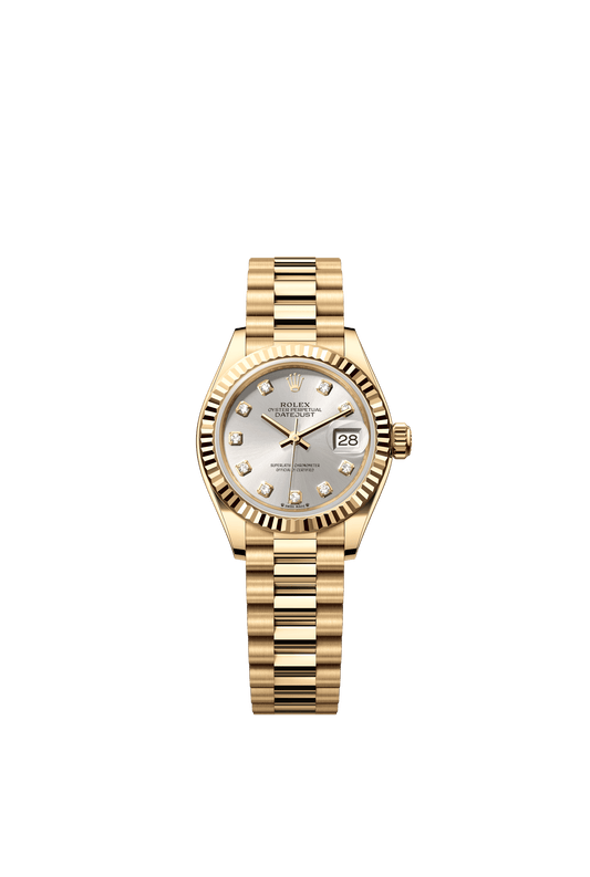 Rolex Oyster 28 mm Silver set with diamonds Dial 18k Yellow Gold President Bracelet m279178-0015