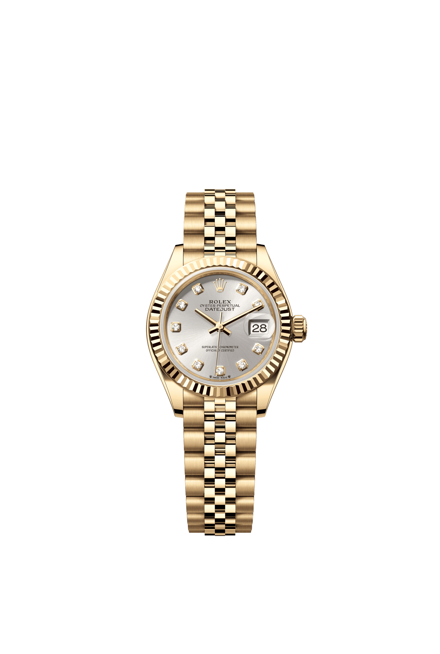 Rolex Oyster 28 mm Silver Set With Diamonds Dial 18k Yellow Gold Jubilee Bracelet. m279178-0016