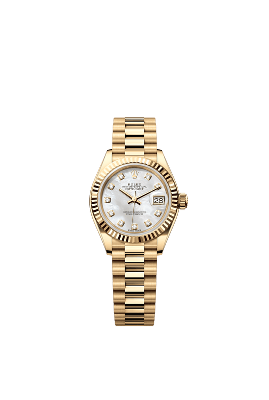 Rolex Oyster 28 mm White mother-of-pearl set with diamonds Dial 18k Yellow Gold President Bracelet m279178-0025