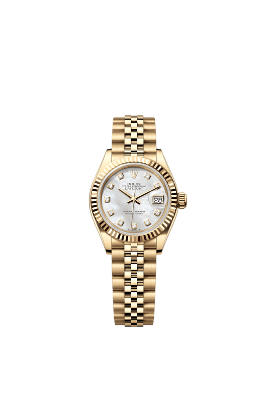 Rolex Oyster 28 mm White Mother-Of-Pearl Set With Diamonds Dial 18k Yellow Gold Jubilee Bracelet. m279178-0026