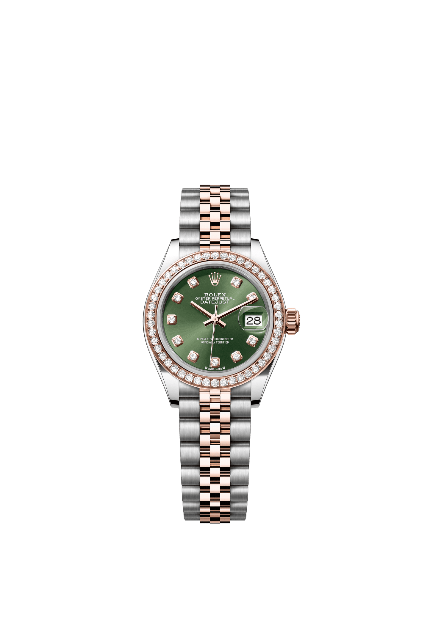 Rolex Lady-Datejust 28 mm Olive Green Set With Diamonds Dial Oystersteel and Everose Gold Jubilee Bracelet m279381rbr-0007