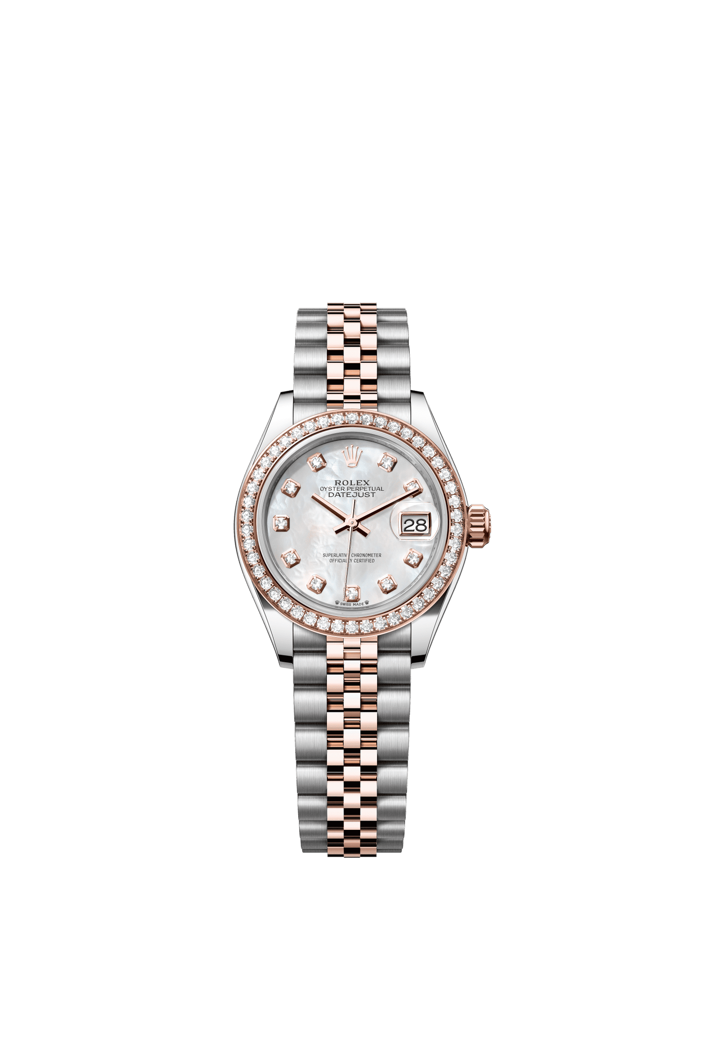 Rolex Lady-Datejust 28 mm White Mother-Of-Pearl Set With Diamonds Dial Oystersteel and Everose Gold Jubilee Bracelet m279381rbr-0013