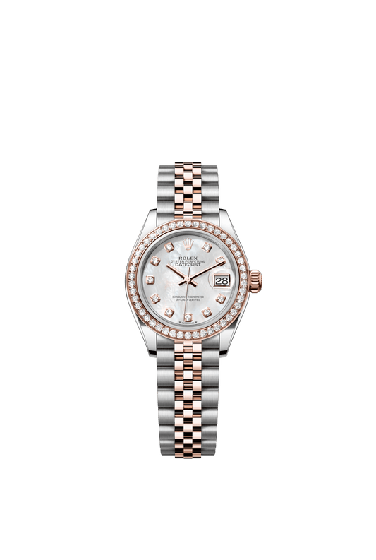 Rolex Lady-Datejust 28 mm White Mother-Of-Pearl Set With Diamonds Dial Oystersteel and Everose Gold Jubilee Bracelet m279381rbr-0013