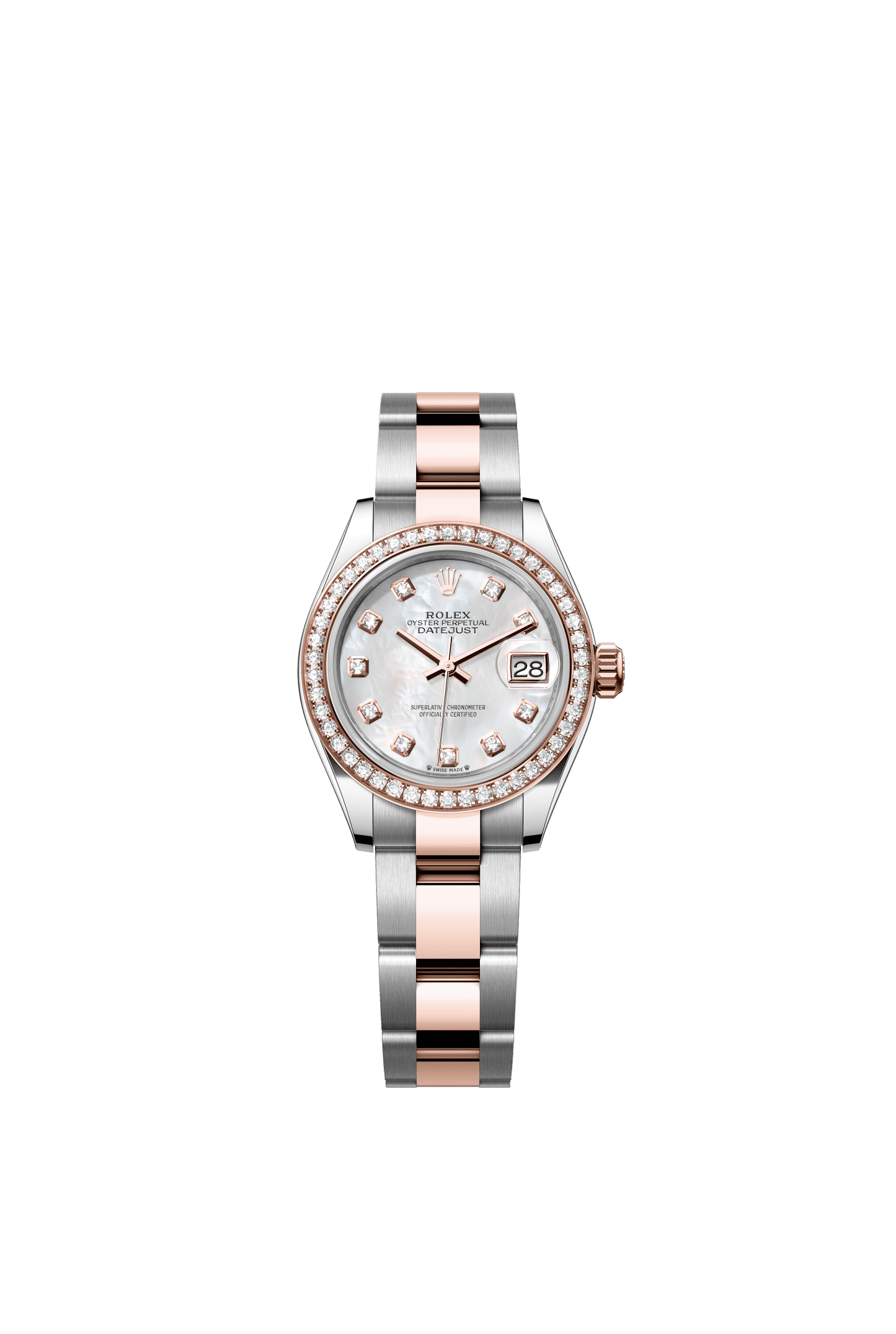 Rolex Lady-Datejust 28 mm White Mother-Of-Pearl Set With Diamonds Dial Oystersteel and Everose Gold Oyster Bracelet m279381rbr-0014