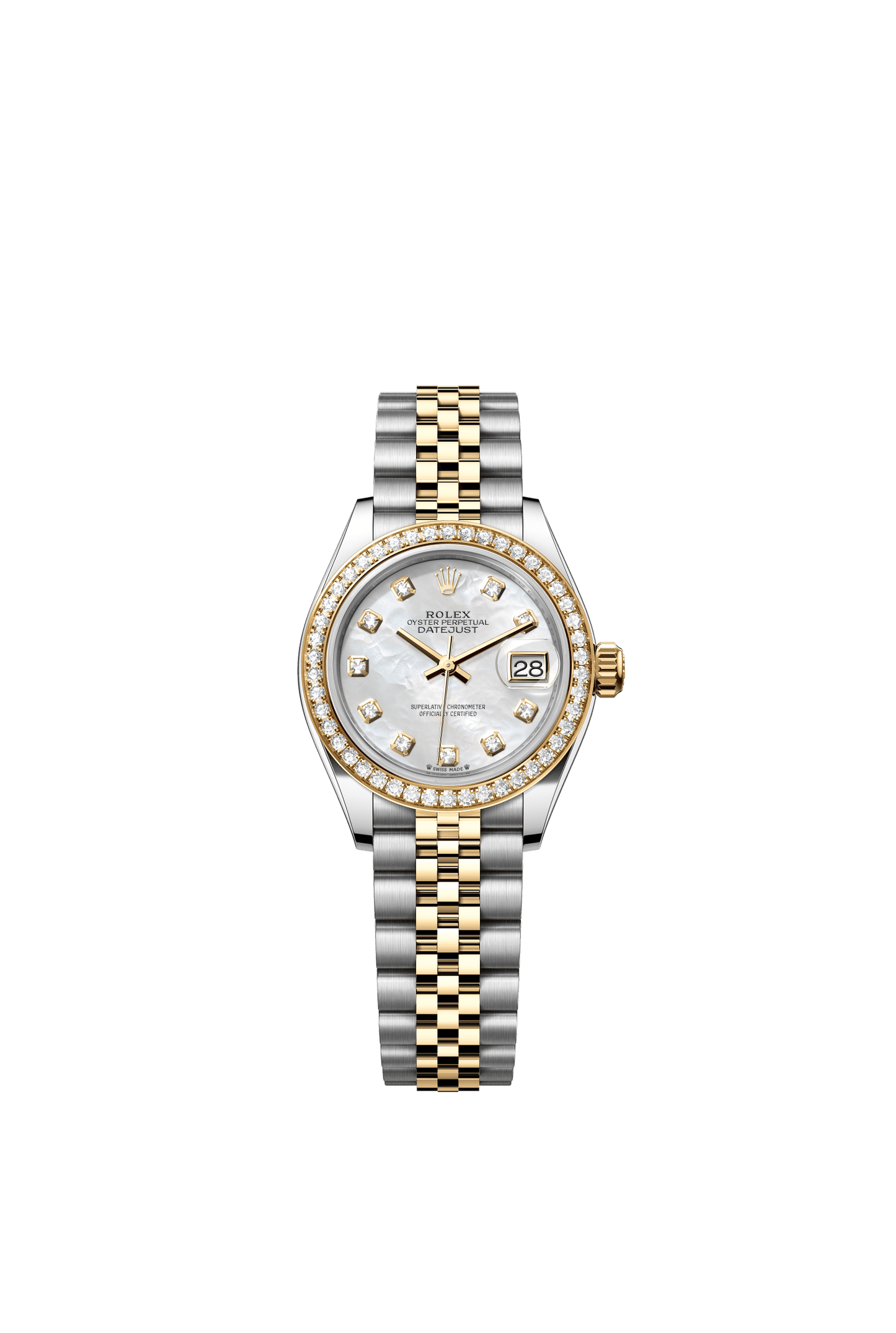 Rolex Lady-Datejust 28 mm White Mother-Of-Pearl Set With Diamonds Dial Oystersteel and 18k Yellow Gold Jubilee Bracelet m279383rbr-0019