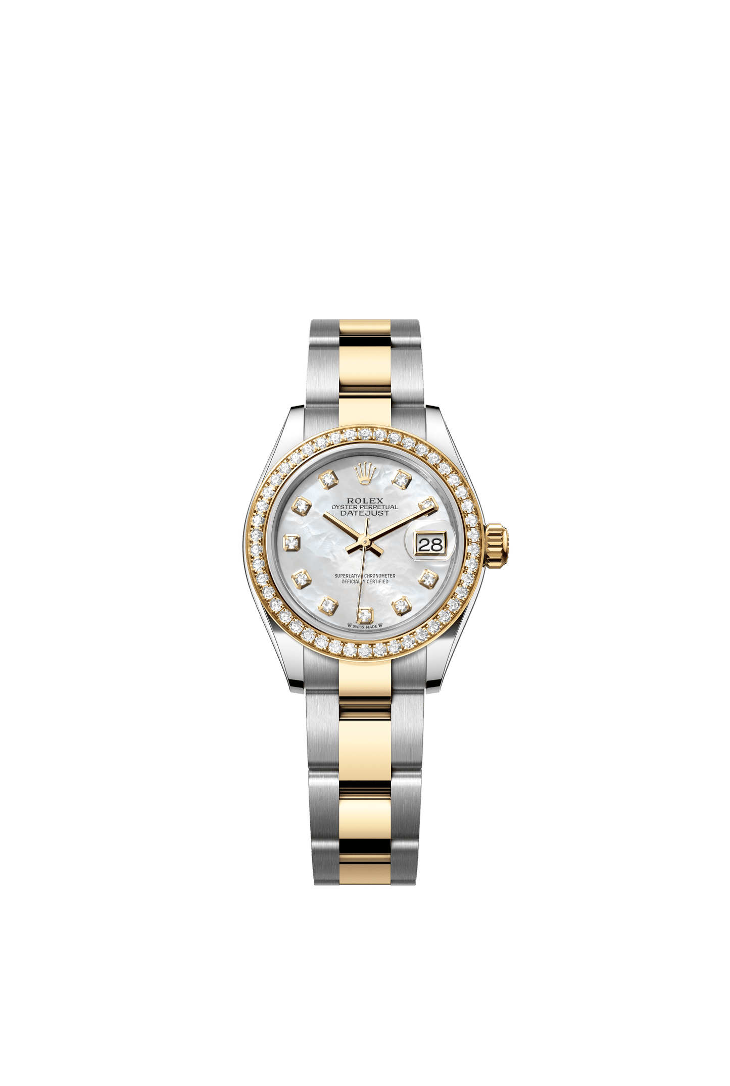 Rolex Lady-Datejust 28 mm White Mother-Of-Pearl Set With Diamonds Dial Oystersteel and 18k Yellow Gold Oyster Bracelet m279383rbr-0020