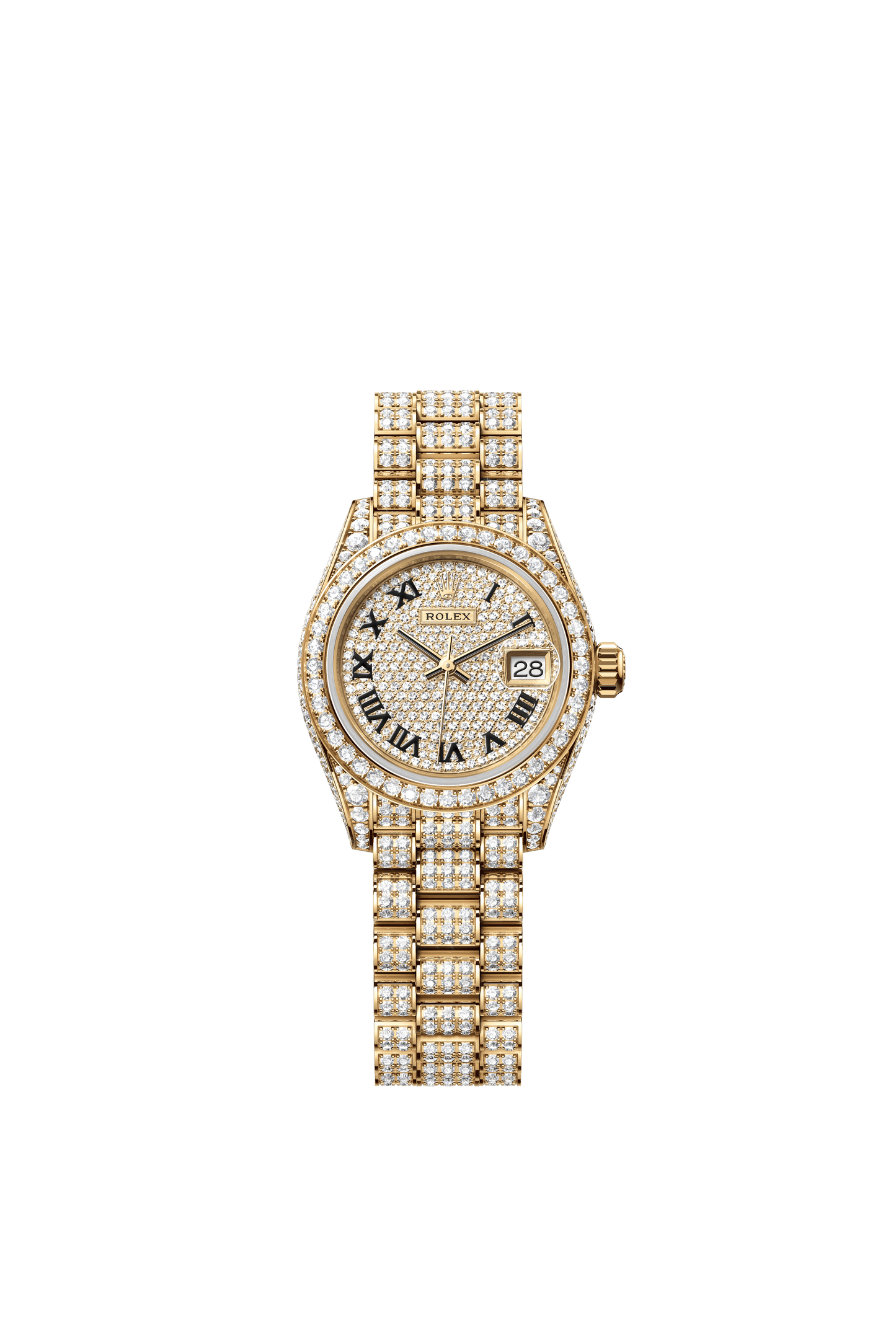 Rolex Oyster 28 mm Diamond-Paved Dial 18 kt yellow gold with case sides and lugs set with diamonds President, Three-Piece Solid Links, Set With 596 Brilliant-Cut Diamonds m279458rbr-0001