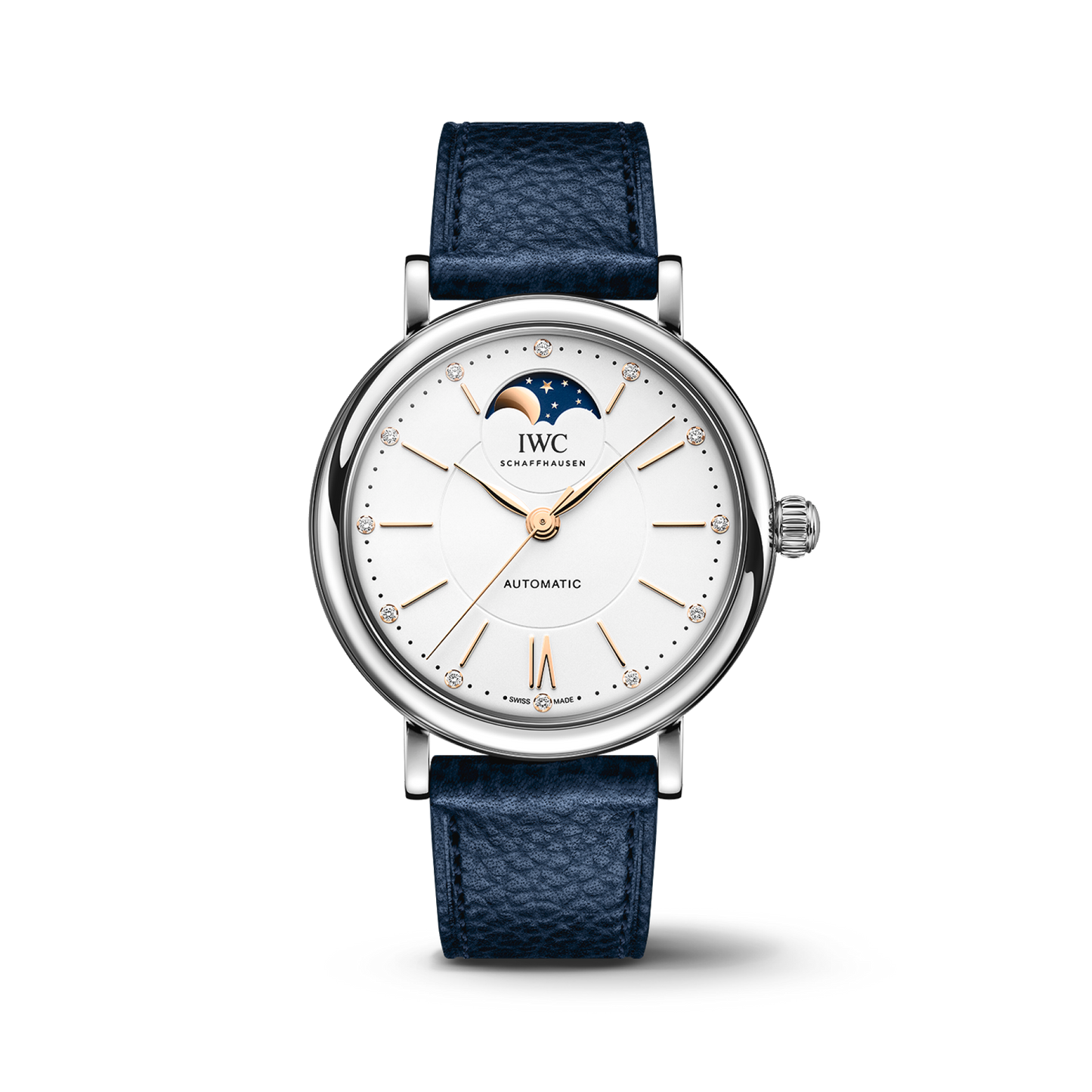 IWC Schaffhausen Portofino Automatic Moon Phase 37.1 mm Silver  Dial Stainless Steel Blue Calfskin Strap  IW459601