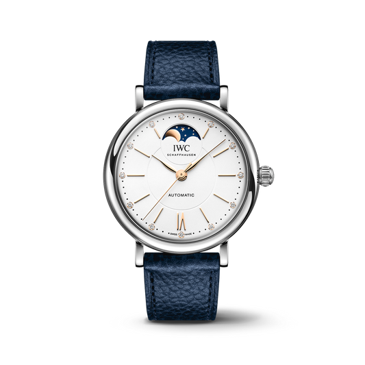 IWC Schaffhausen Portofino Automatic Moon Phase 37.1 mm Silver  Dial Stainless Steel Blue Calfskin Strap  IW459601