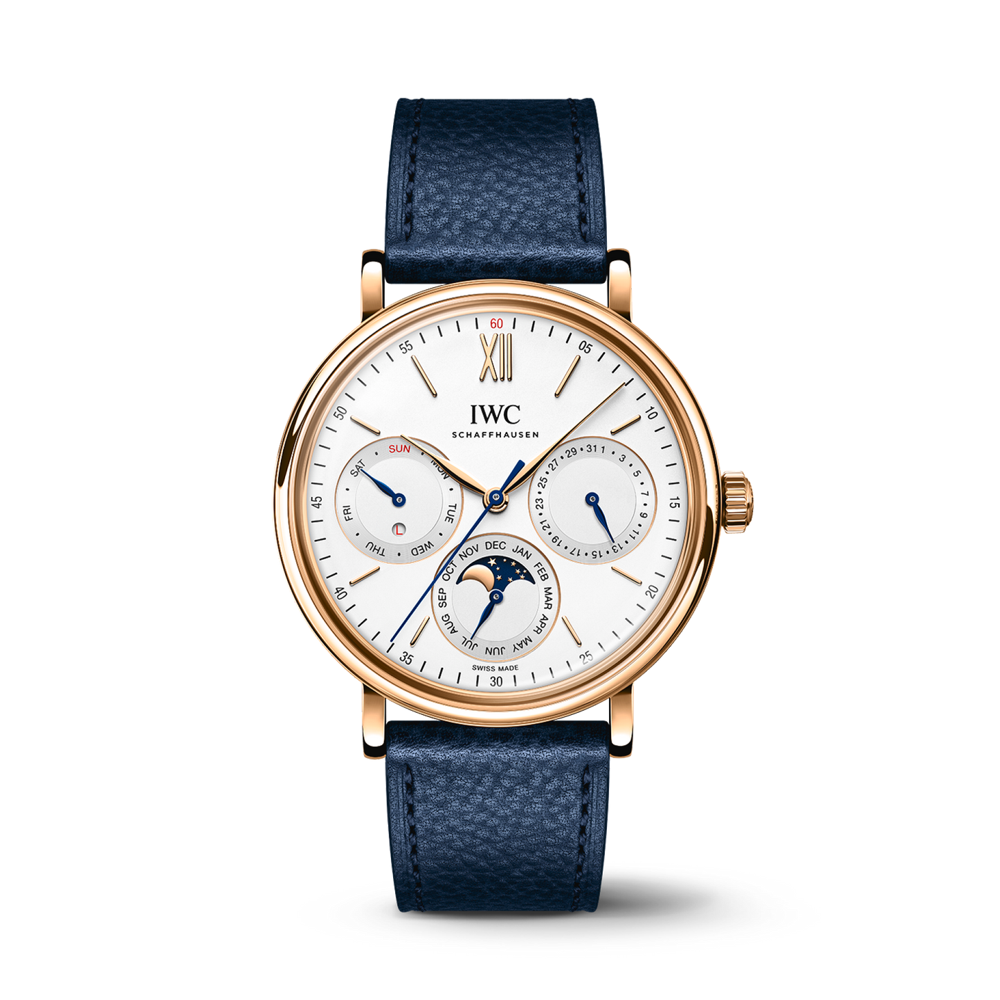 IWC Schaffhausen Portofino Perpetual Calendar 40 mm Silver  Dial 18 Kt 5N Gold Case Blue Calfskin Strap IW344602