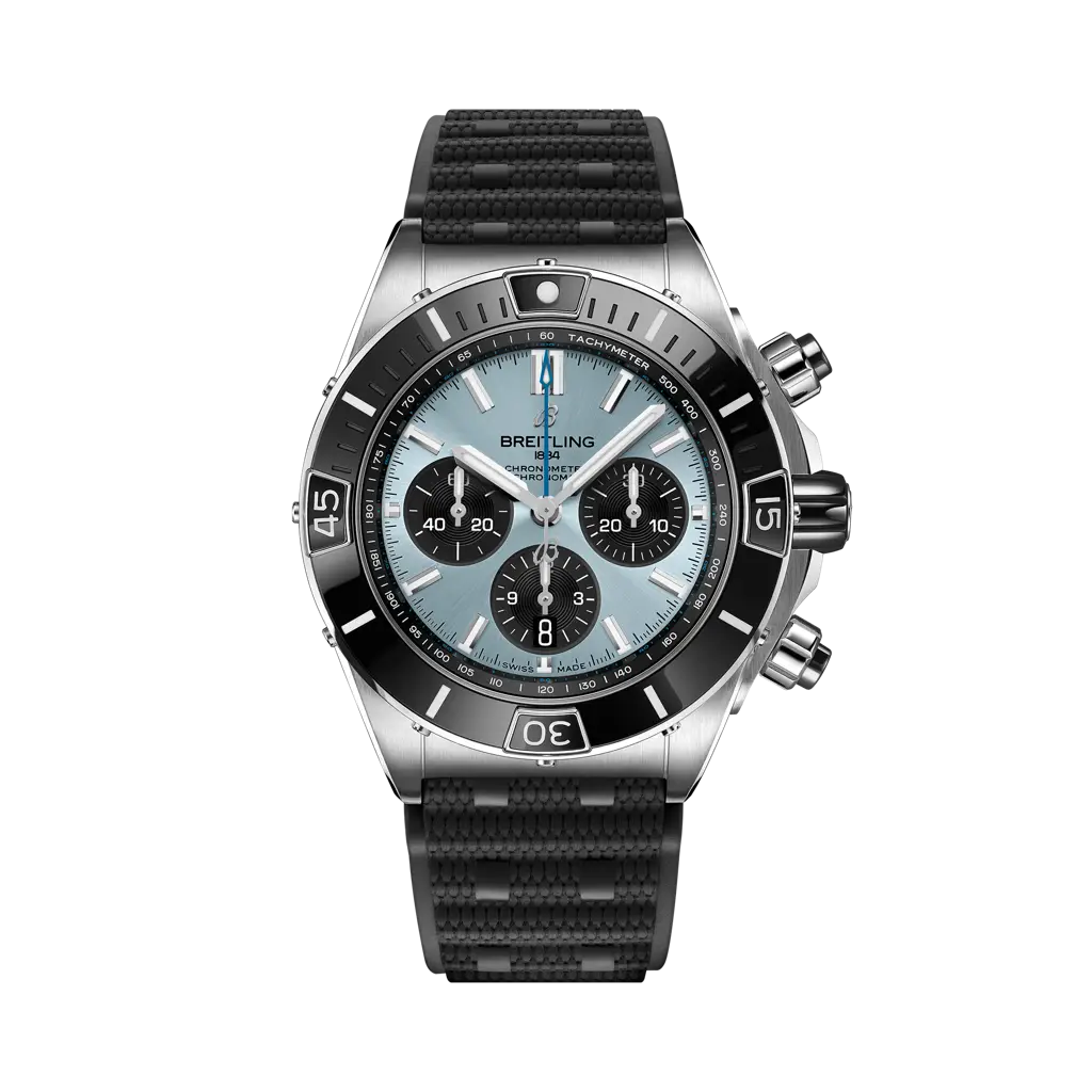 Breitling Super Chronomat B01 44 44 mm Ice-Blue Dial Stainless Steel & Platinum Black Rubber Strap PB0136251C1S1