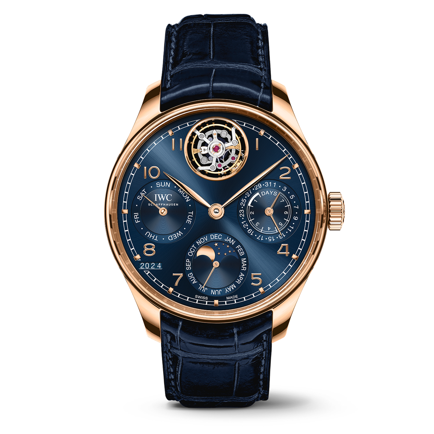 IWC Schaffhausen Portugieser Perpetual Calendar Tourbillon 45 mm Blue Dial 18k Armor Gold Blue Alligator Leather Strap IW504504