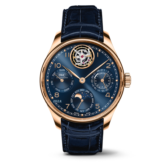 IWC Schaffhausen Portugieser Perpetual Calendar Tourbillon 45 mm Blue Dial 18k Armor Gold Blue Alligator Leather Strap IW504504