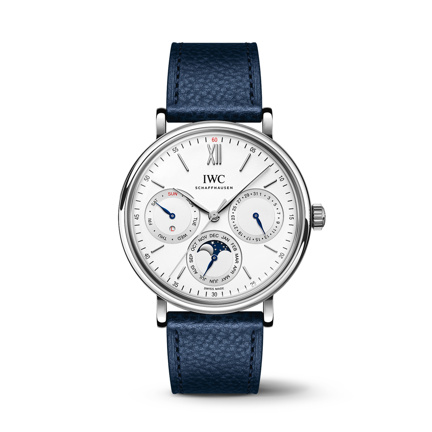 IWC Schaffhausen Portofino Perpetual Calendar 40 mm Silver  Dial Stainless Steel Blue Calfskin Strap IW344601