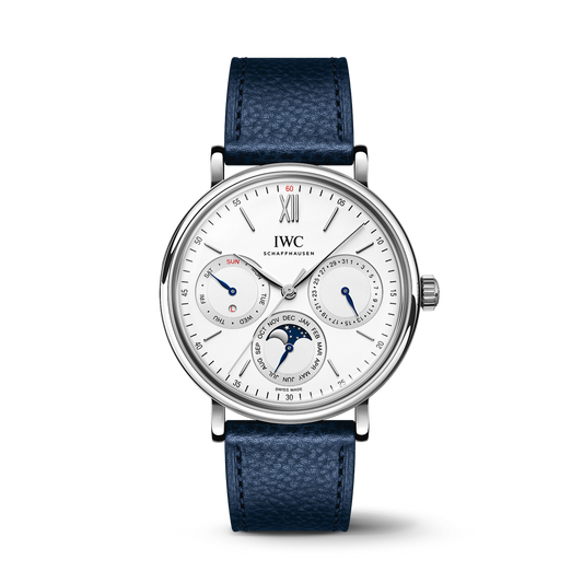 IWC Schaffhausen Portofino Perpetual Calendar 40 mm Silver  Dial Stainless Steel Blue Calfskin Strap IW344601