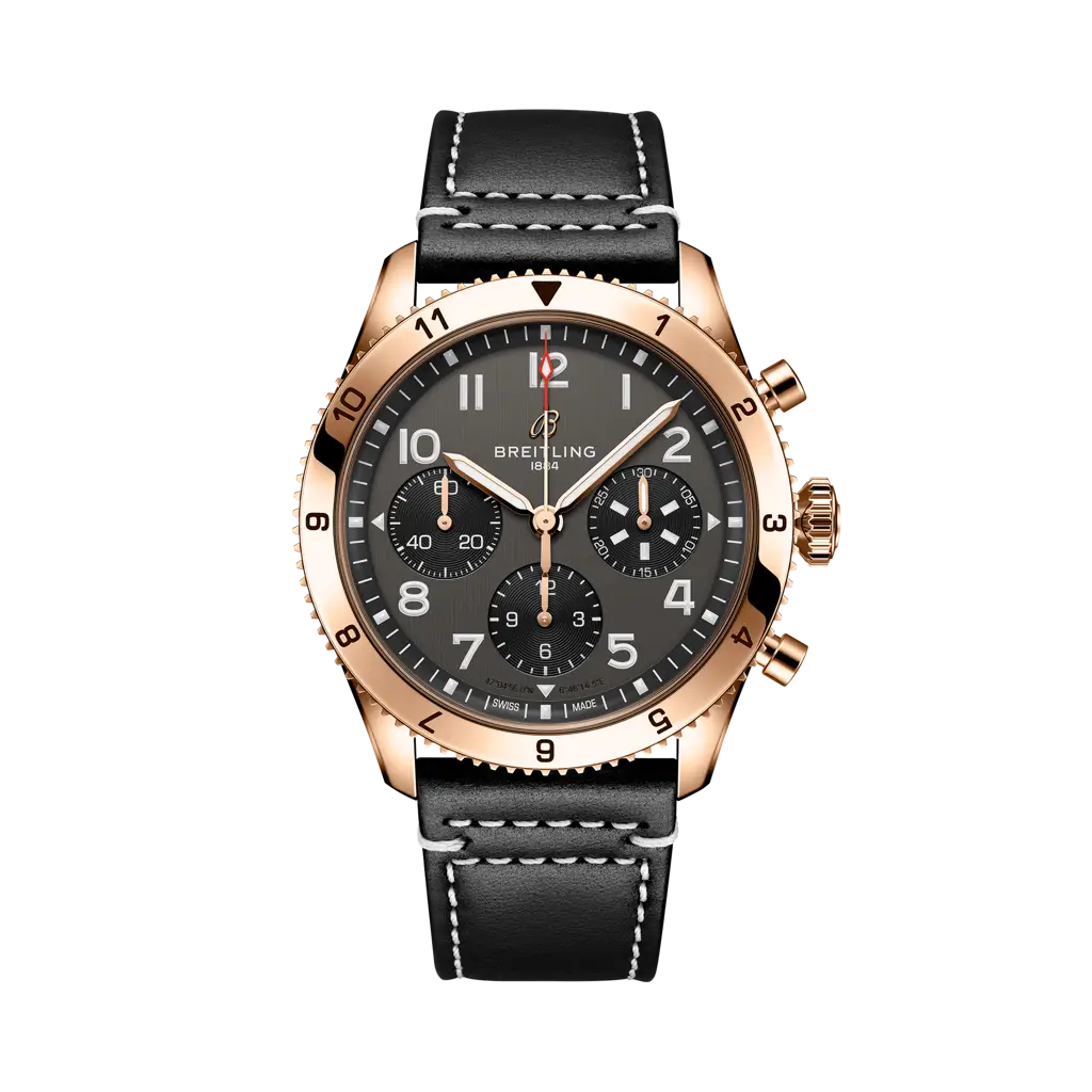 Breitling Classic AVI Chronograph 42 P-51 Mustang 42 mm Bright Black Dial 18K Red Gold Calfskin Leather Strap R233801A1B1X1