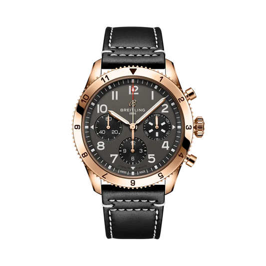 Breitling Classic AVI Chronograph 42 P-51 Mustang 42 mm Bright Black Dial 18K Red Gold Calfskin Leather Strap R233801A1B1X1