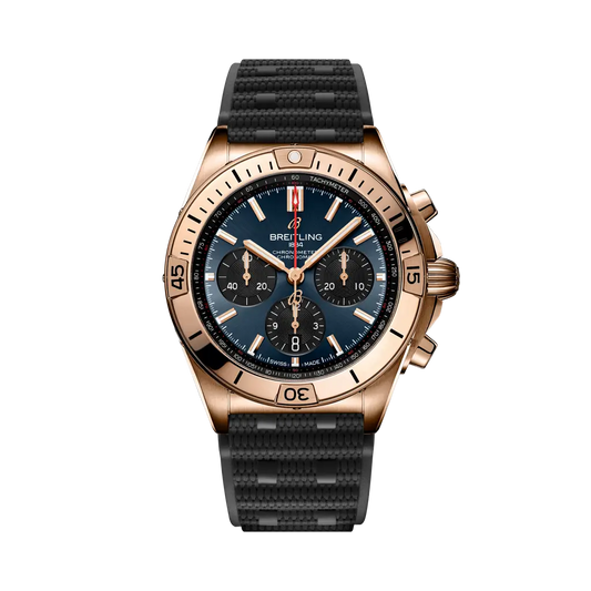 Breitling Chronomat B01 42 Super Bowl LVIII 42 mm Blue and Black Dial 18K Red Gold Black Rubber Strap RB01343A1C1S1