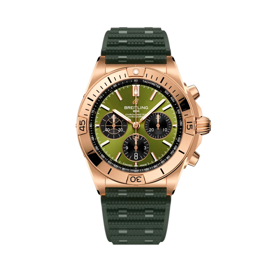 Breitling Chronomat B01 42 42.0 mm Olive & Black Dial 18K Red Gold Green Rubber Strap RB01344A1L1S1