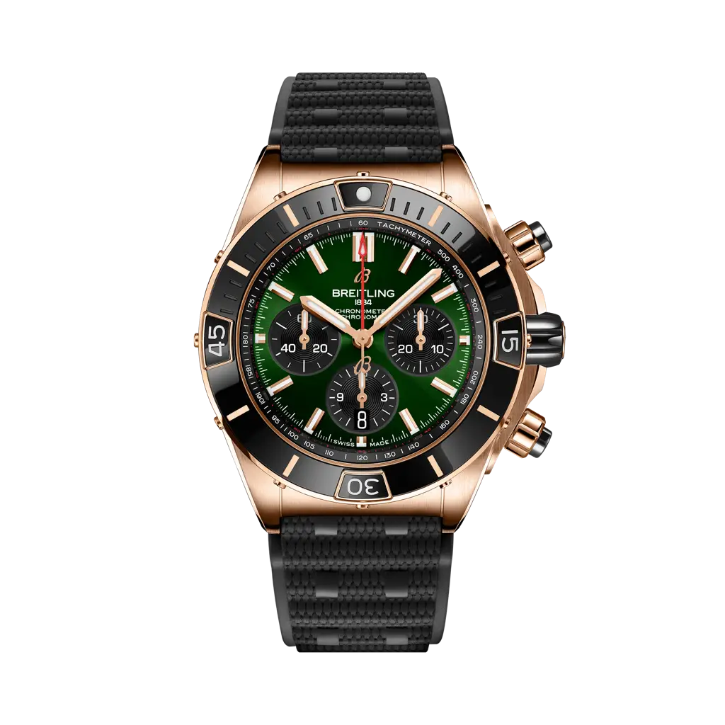 Breitling Super Chronomat B01 44 44 mm Green Dial 18K Red Gold Black Rubber Strap RB01361A1L1S1