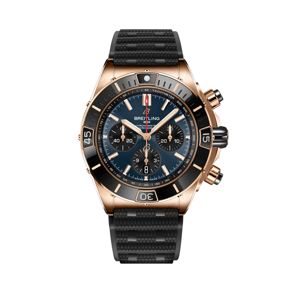 Breitling Super Chronomat B01 44 44 mm Blue and Black Dial 18K Red Gold Black Rubber Strap RB01362A1C1S1