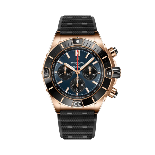 Breitling Super Chronomat B01 44 44 mm Blue and Black Dial 18K Red Gold Black Rubber Strap RB01362A1C1S1