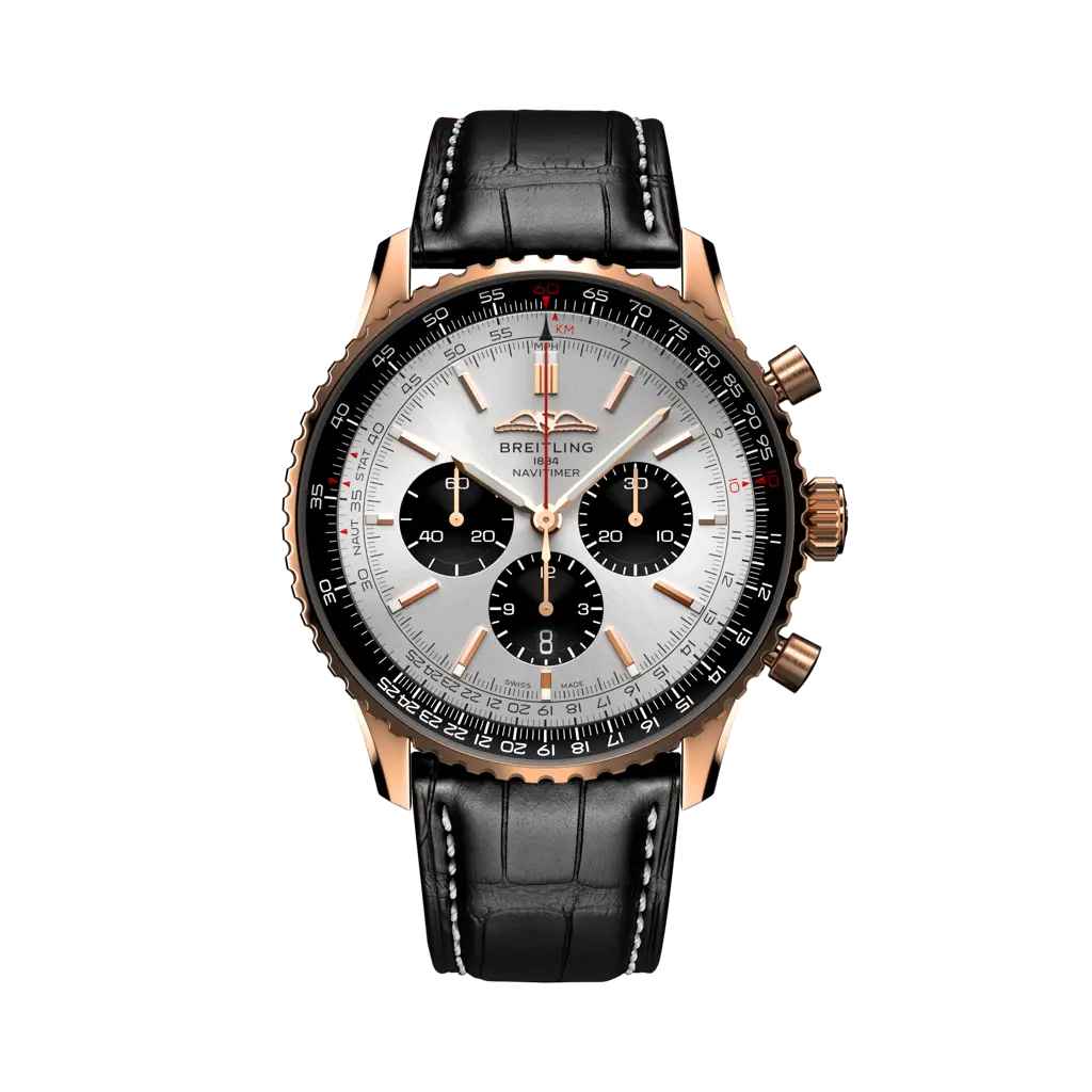 Breitling Navitimer B01 Chronograph 46 mm Black And White Dial 18K Red Gold Alligator Leather Strap RB0137241G1P1