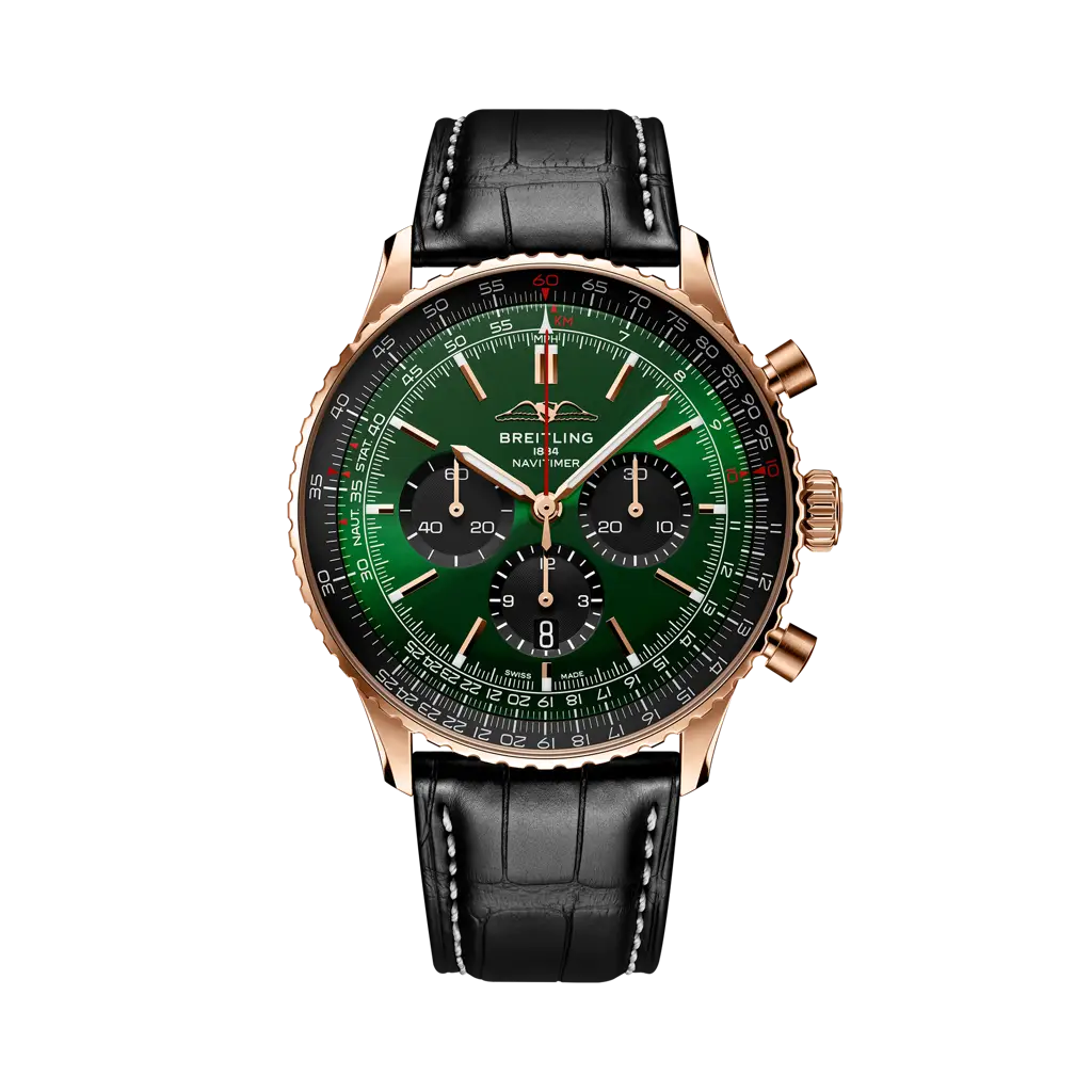 Breitling Navitimer B01 Chronograph 46 46.0 mm Black And Green Dial 18K Red Gold Alligator Leather Strap RB0137241L1P1