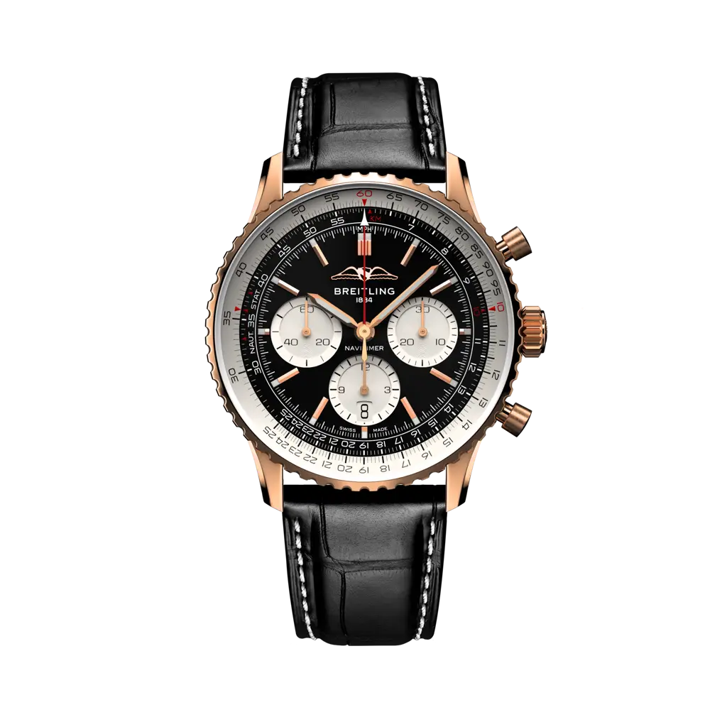 Breitling Navitimer B01 Chronograph 43 mm White With Black  Dial 18K Red Gold Alligator Leather Strap RB0138211B1P1