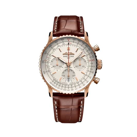 Breitling Navitimer B01 Chronograph 41 mm White Dial 18K Red Gold Alligator Leather Strap RB0139211G1P1