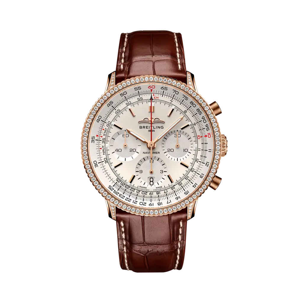 Breitling Navitimer B01 Chronograph 41 mm White Dial 18K Red Gold (Gem-Set) Alligator Leather Strap RB0139631G1P1