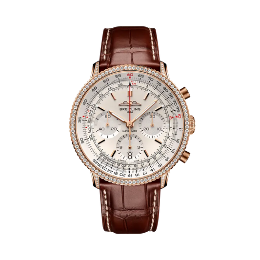 Breitling Navitimer B01 Chronograph 41 mm White Dial 18K Red Gold (Gem-Set) Alligator Leather Strap RB0139631G1P1