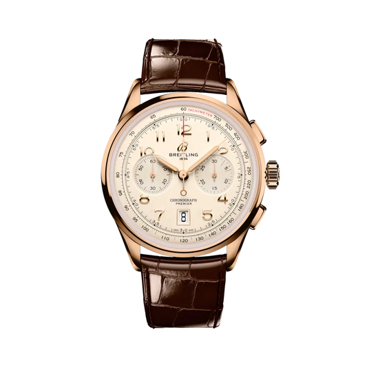 Breitling Premier B01 Chronograph 42 mm Rose Yellow Glod Dial 18k Rose Gold Alligator Leather Brown Strap RB0145371G1P1