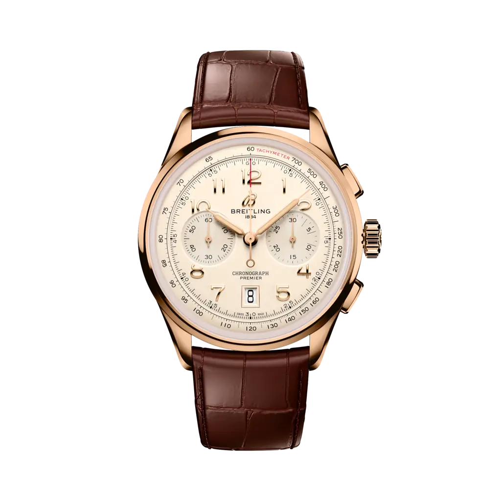 Breitling Premier B01 Chronograph 42 mm Rose Yellow Glod Dial 18k Rose Gold Alligator Leather Brown Strap RB0145371G1P2